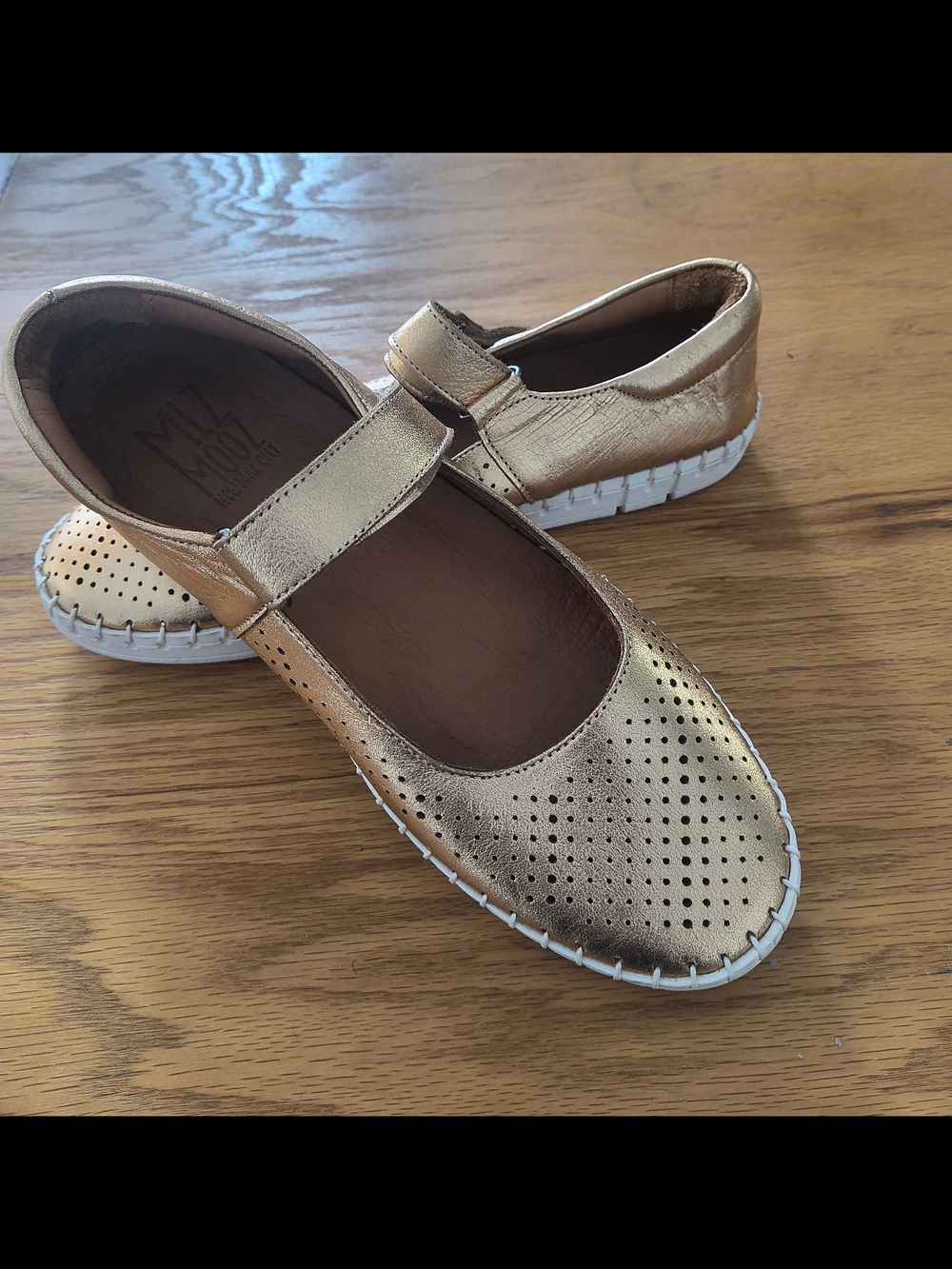 Miz Mooz Metallic Gold Mary Jane Flats with Perforated Toe